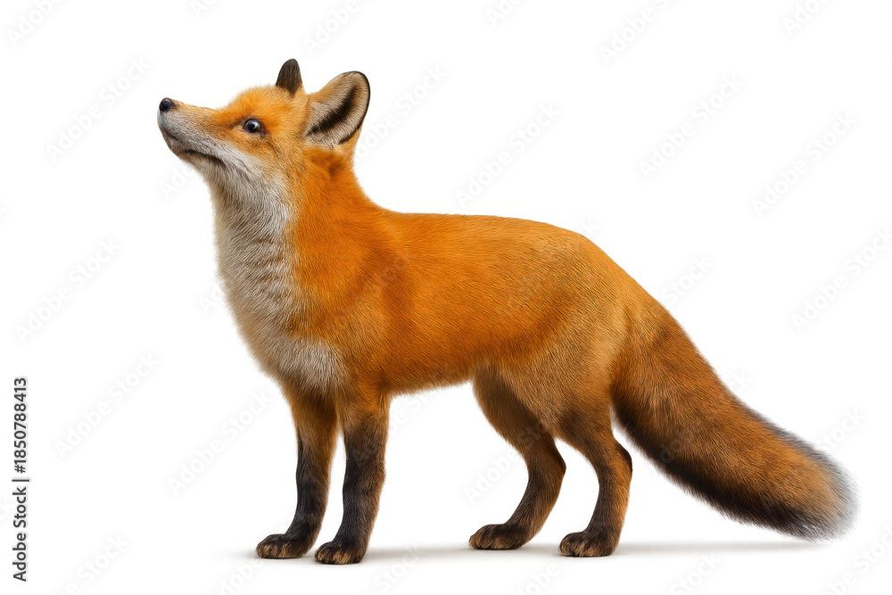 Fototapeta premium Red fox standing looking up in profile, a wild animal with orange fur and a bushy tail, transparent background