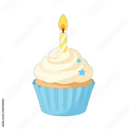 Cupcake with lit candle and blue stars on frosting.