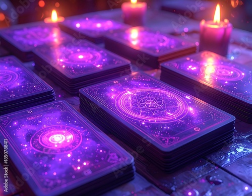 Close-up of tarot cards illuminated by candle light
