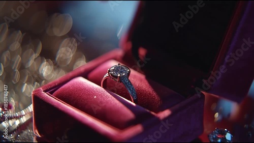 Close up of a diamond engagement ring in a red velvet box with bokeh lights.