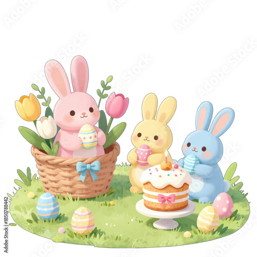 Cute bunnies celebrating Easter with cake and eggs