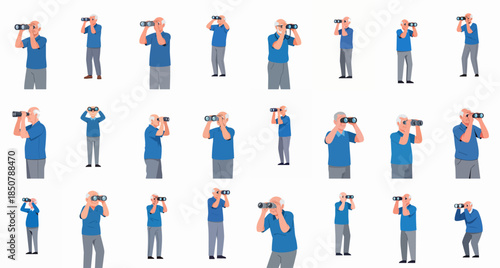 Collection of senior men in various poses using binoculars for observation, exploration, or bird watching, isolated on a white background, vector illustration set.