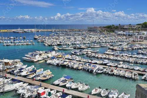 Tablou pe pânză Otranto harbor view with many boats moored in port