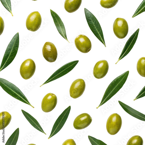 Wallpaper Mural Fresh, vibrant green olives and slender, glossy olive leaves are artfully scattered across a clean white surface, showcasing their natural textures and organic, isolated on transparent background. Torontodigital.ca