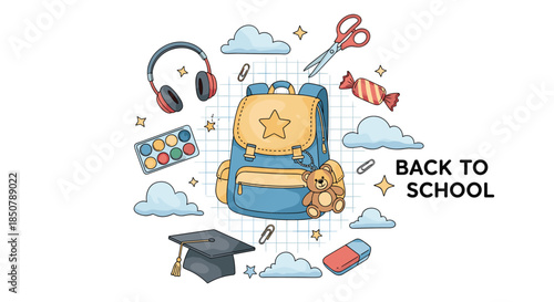 Back to school themed illustration featuring a blue backpack surrounded by headphones, graduation cap, art supplies, and school stationery.