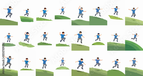 Set of vector illustrations depicting a young boy jumping and leaping across grassy terrain, showing movement, freedom, and overcoming obstacles.