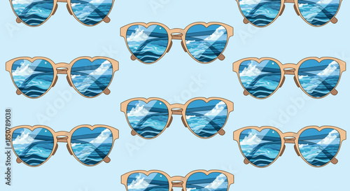 Fun seamless pattern of heart-shaped sunglasses featuring a reflection of a blue ocean with waves and clouds on a light blue background.