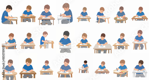 Vector set of young boys sitting and drawing at small desks, illustrating creativity, learning, and fine motor skill development in early childhood.
