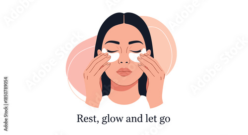 Illustration of a woman with long dark hair and a towel wrap applying white cooling eye patches for a relaxing skincare routine.