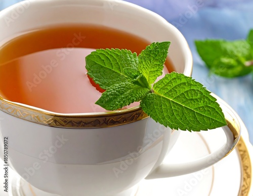 Close-up of tea in a cup with mint leaf on a white surface