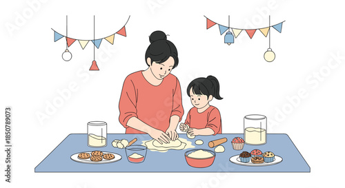 Heartwarming illustration of a mother and her young daughter kneading dough together on a kitchen table filled with baking supplies.