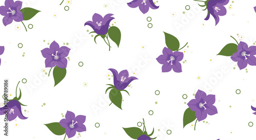 Elegant seamless pattern of delicate purple bellflowers and small white blossoms scattered on a white background with green leaf accents.