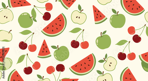 Fresh seamless pattern featuring slices of watermelon, whole green apples, and pairs of red cherries on a pale cream background.