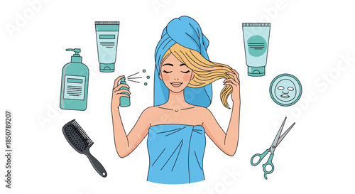 Illustration of a young woman wrapped in blue towels surrounded by various beauty products like lotion, spray, comb, and scissors.