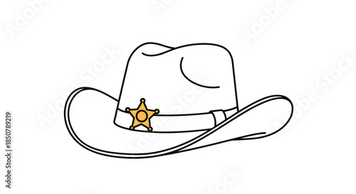 Clean black line art illustration of a western cowboy hat with a golden yellow sheriff star on the band over a white background.