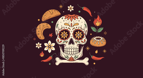 Intricate Day of the Dead sugar skull surrounded by Mexican bread, chili peppers, flowers, and flames on a dark purple background.