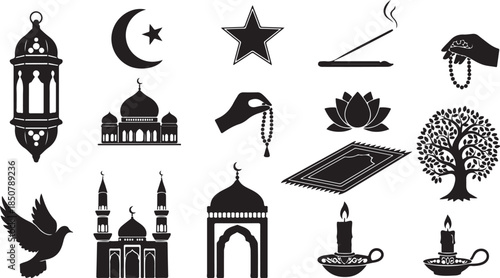 Diverse religious and spiritual black silhouette icons