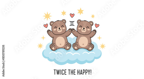 Adorable illustration of two brown teddy bears on a blue cloud with the Gemini zodiac sign, hearts, and stars for a baby theme.
