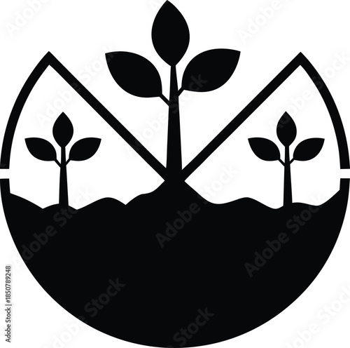 Organic Agriculture and Environmental Sustainability Icon with Plants Growing in Circular Soil