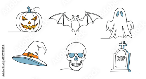 Spooky set of Halloween icons like a jack o lantern, bat, ghost, witch hat, skull, and tombstone in a modern continuous line style.