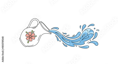Dynamic illustration of fresh blue water splashing out from a white ceramic pitcher decorated with a pink flower design.