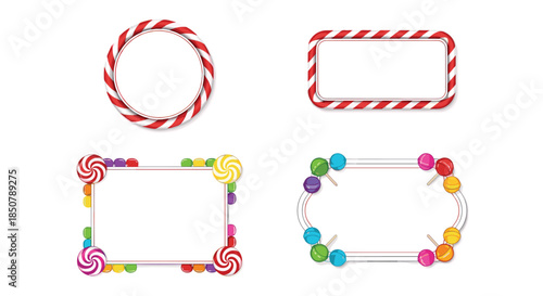 Set of festive frames and borders made from colorful lollipops, candy canes, and sweets for parties and holiday invitations.