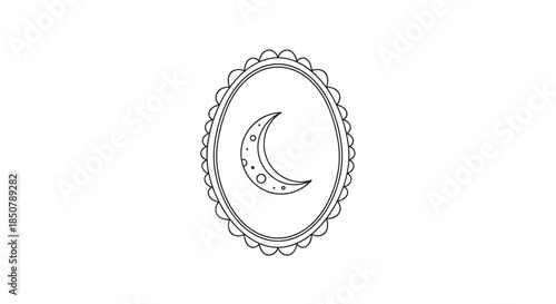 Elegant black and white line art of a crescent moon with craters inside a decorative oval frame for a mystical or celestial design.