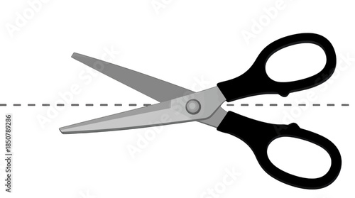 Pair of sharp scissors cutting along dashed line
