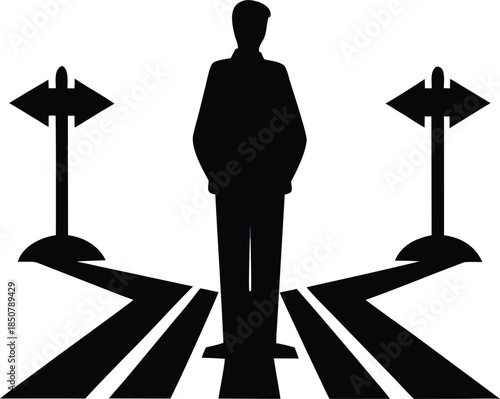 Person at a Crossroads Deciding Between Different Paths and Future Directions