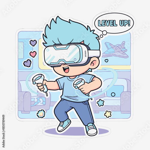 A cheerful young gamer wearing a VR headset and holding controllers, celebrating a "Level Up" moment in a digital world
