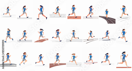 Set of athletic female runners performing various running actions and poses for fitness, sport, and exercise concepts.