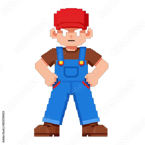Retro pixel art character in blue overalls