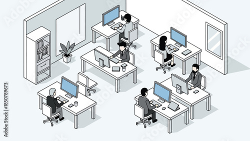 Isometric view of an office with employees working at their desks
