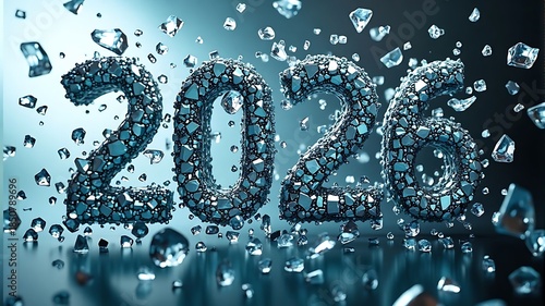 Sparkling 2026 numerals crafted from blue ice shards float above a reflective surface with falling crystals