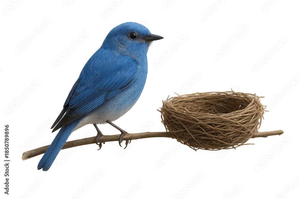 Fototapeta premium Mountain bluebird perched on branch next to an empty nest symbolizing new life, family, and spring, transparent background