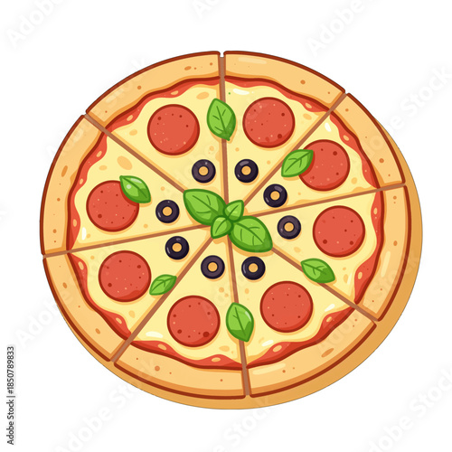 Sliced pepperoni pizza with olives and basil