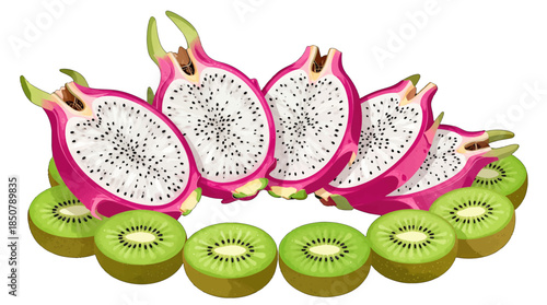 Sliced dragon fruits and kiwis arranged together
