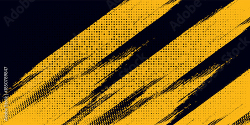 Halftone yellow dots pattern and black gradient grunge texture background. Dotted line comic sport.