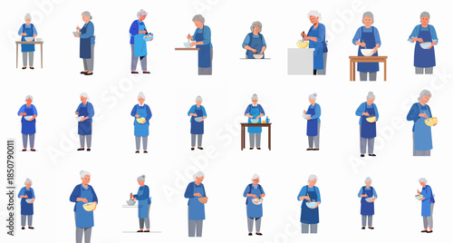Collection of flat vector illustrations depicting elderly women cooking and baking, preparing food by mixing ingredients in bowls, showcasing a wholesome hobby.