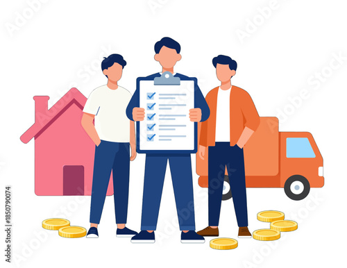 Three men with house van and coins.