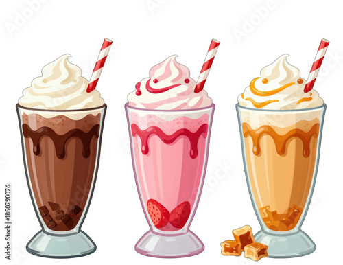 Three Milkshakes with Whipped Cream and Toppings
