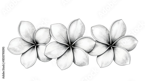 Three white plumeria flowers in a row
