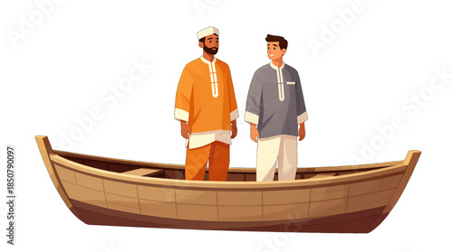 Two men standing in a wooden boat