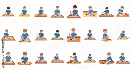 Young boys playing in a sandbox set, enjoying playtime outdoors with shovels and sand toys, isolated vector illustrations for children's activities.