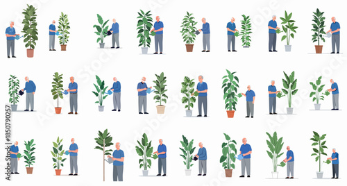 Elderly Men Watering Indoor Houseplants Set: A collection of various senior characters caring for different potted plants, illustrating retirement hobbies and domestic life.