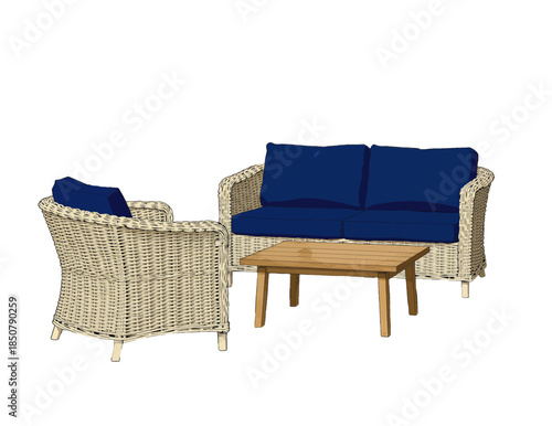 Wicker patio set with blue cushions and wooden table