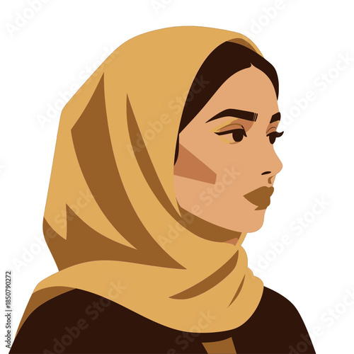 Woman wearing a golden hijab in profile view