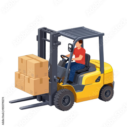 Yellow forklift carrying stacked cardboard boxes