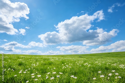 spring. Panoramic green grass field with blue sky. easter nature, summer landscape, designed for environmental headers and outdoor backgrounds.