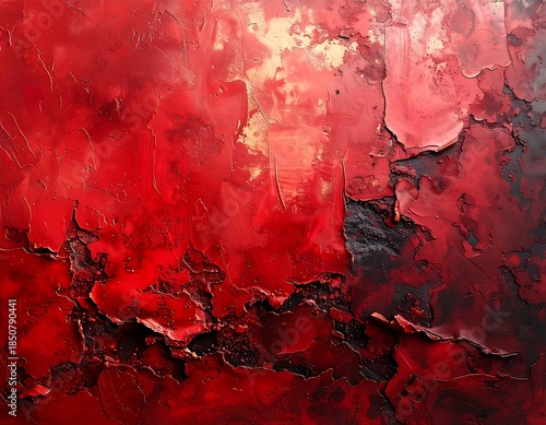 Close-up of textured red and gold abstract art piece